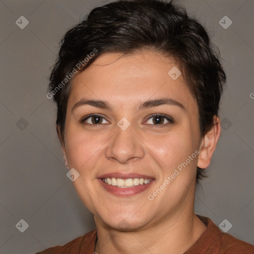 Joyful white young-adult female with medium  brown hair and brown eyes