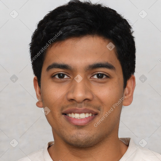 Joyful latino young-adult male with short  black hair and brown eyes