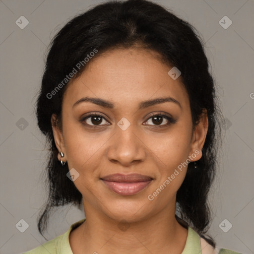 Joyful black young-adult female with medium  brown hair and brown eyes