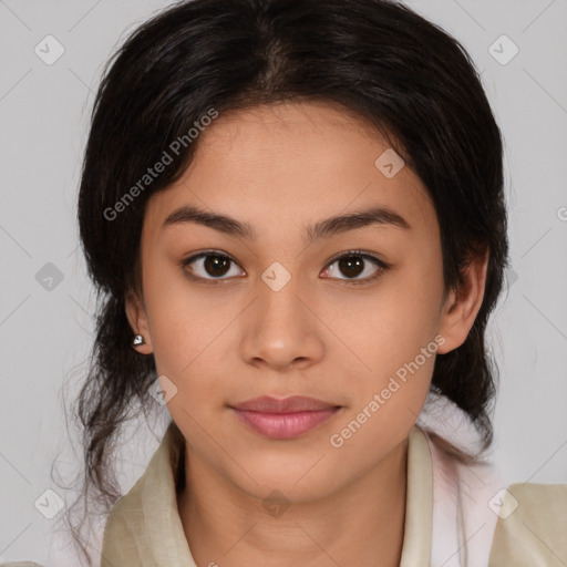 Joyful latino young-adult female with medium  brown hair and brown eyes