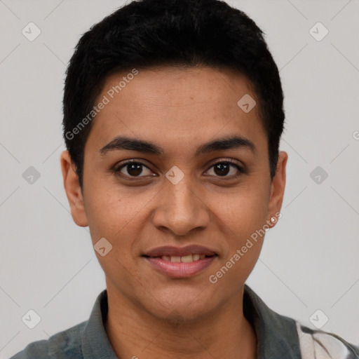 Joyful latino young-adult female with short  black hair and brown eyes