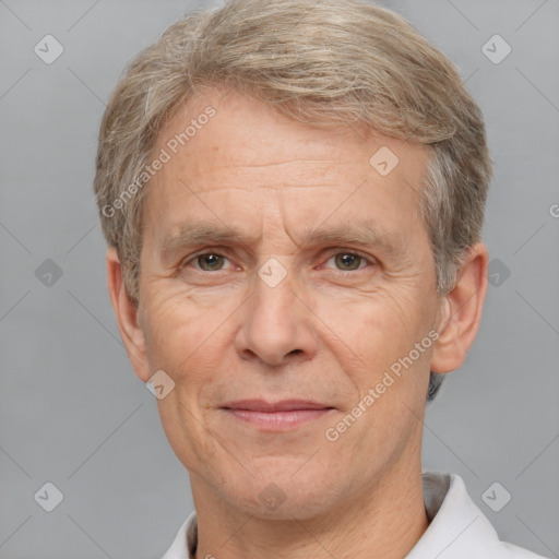 Joyful white middle-aged male with short  brown hair and brown eyes