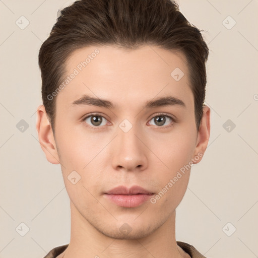 Neutral white young-adult male with short  brown hair and brown eyes