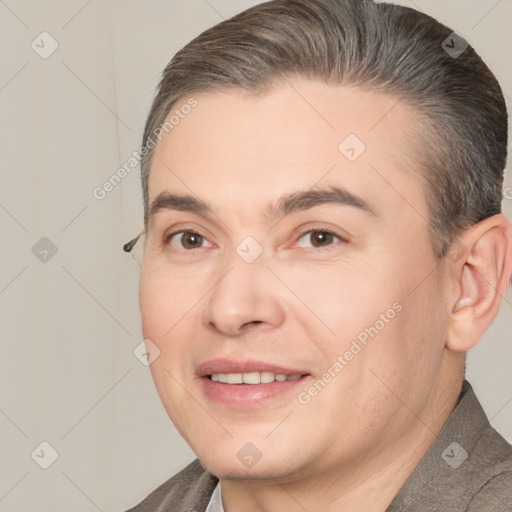 Joyful white adult male with short  brown hair and brown eyes