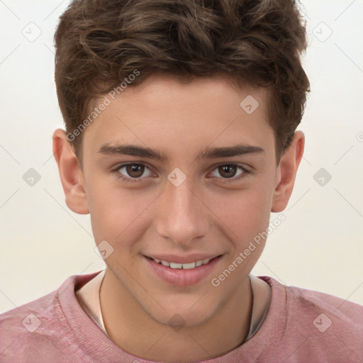 Joyful white child male with short  brown hair and brown eyes