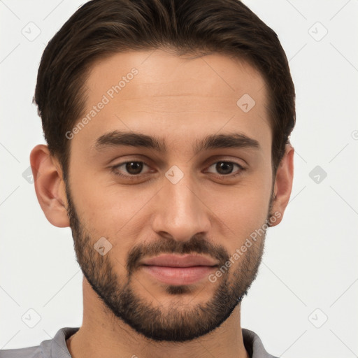 Joyful white young-adult male with short  brown hair and brown eyes