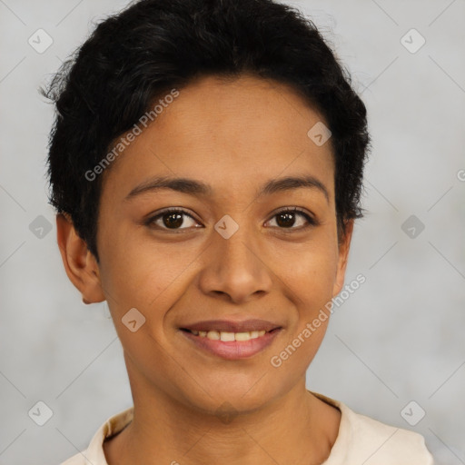 Joyful latino young-adult female with short  black hair and brown eyes