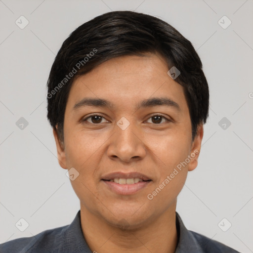 Joyful latino young-adult male with short  black hair and brown eyes