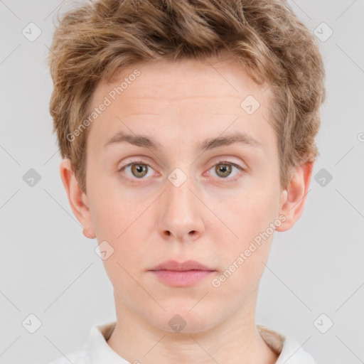 Neutral white young-adult male with short  brown hair and grey eyes