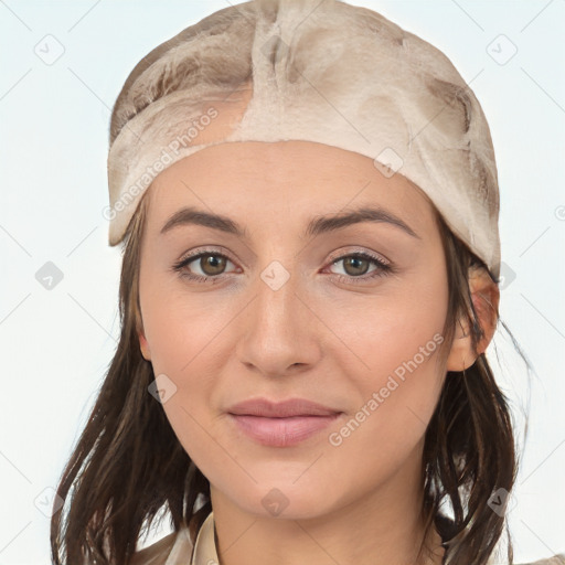 Joyful white young-adult female with medium  brown hair and grey eyes