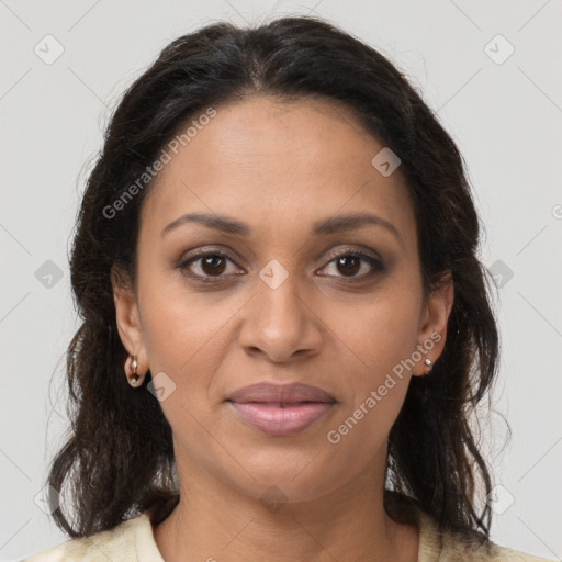 Joyful black young-adult female with medium  brown hair and brown eyes