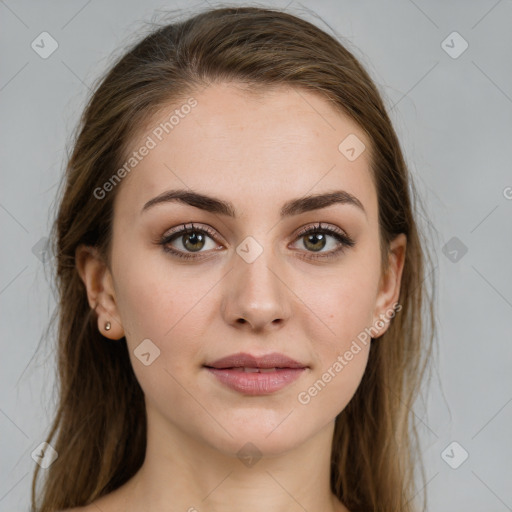 Joyful white young-adult female with medium  brown hair and green eyes