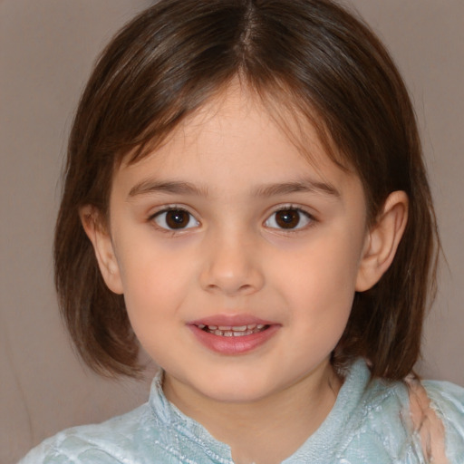 Joyful white child female with medium  brown hair and brown eyes