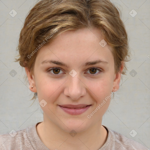 Joyful white child female with short  brown hair and brown eyes