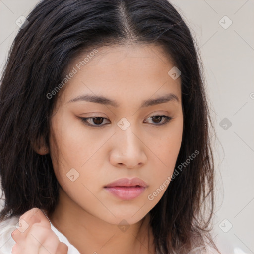 Neutral white young-adult female with medium  brown hair and brown eyes