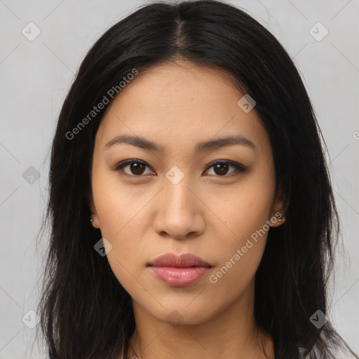 Neutral latino young-adult female with long  brown hair and brown eyes