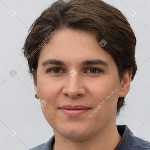 Joyful white young-adult female with short  brown hair and brown eyes