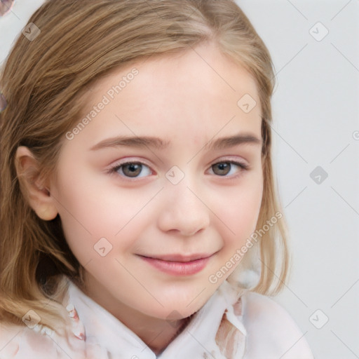 Joyful white child female with medium  brown hair and brown eyes