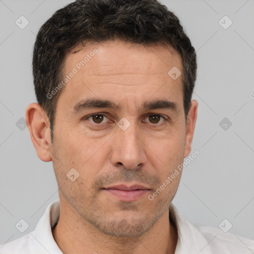 Neutral white adult male with short  brown hair and brown eyes