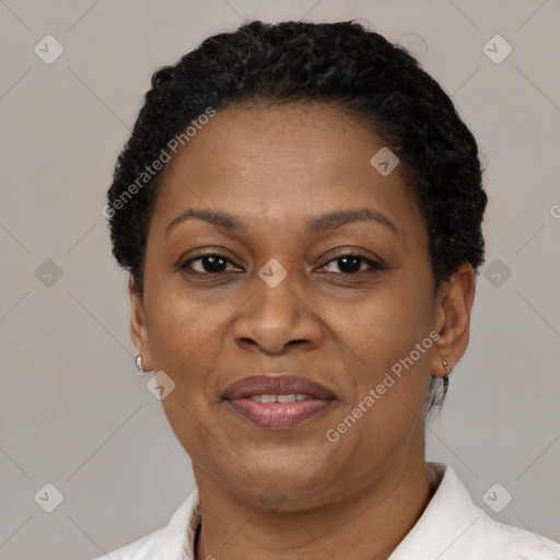 Joyful black adult female with short  brown hair and brown eyes