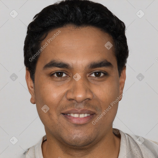 Joyful latino young-adult male with short  black hair and brown eyes