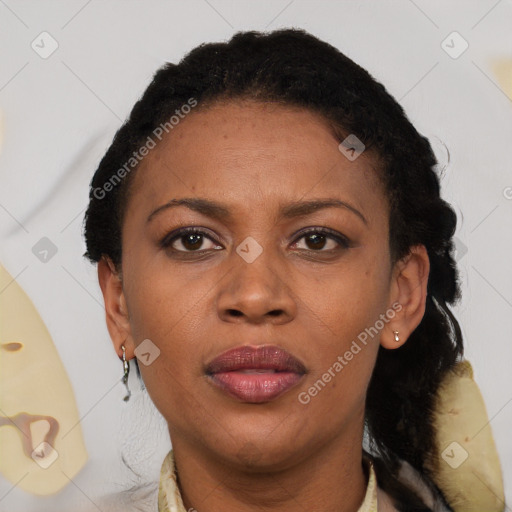 Joyful latino adult female with short  brown hair and brown eyes