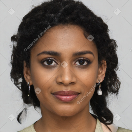 Joyful black young-adult female with medium  black hair and brown eyes