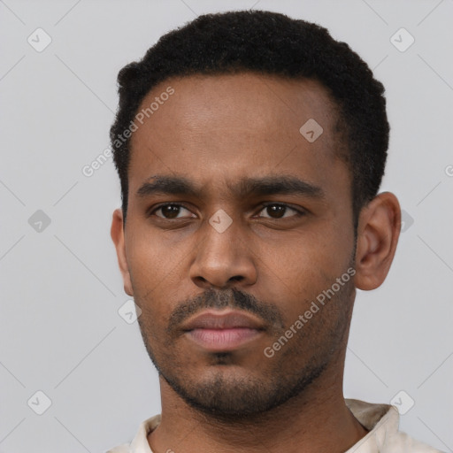 Neutral black young-adult male with short  black hair and brown eyes