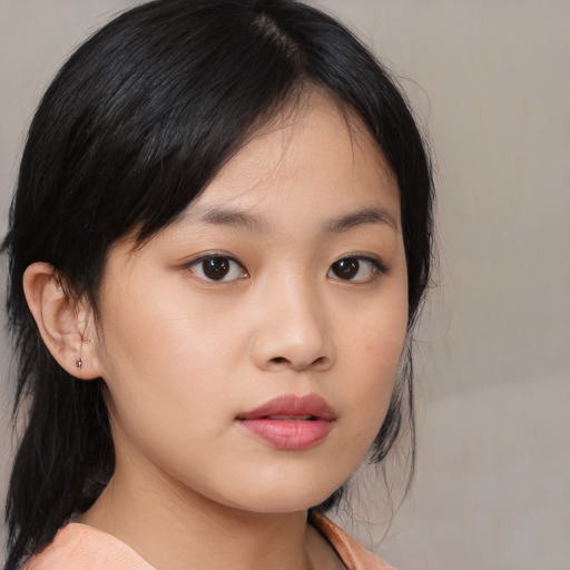 Neutral asian young-adult female with medium  black hair and brown eyes