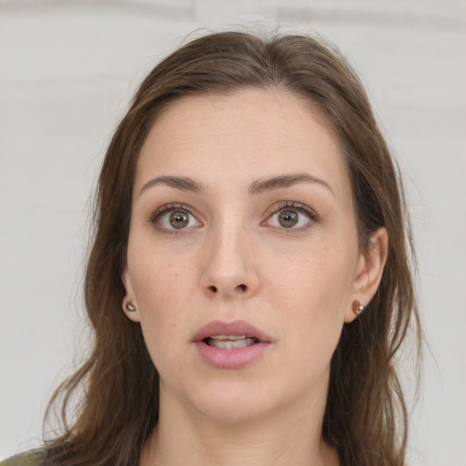 Neutral white young-adult female with long  brown hair and grey eyes