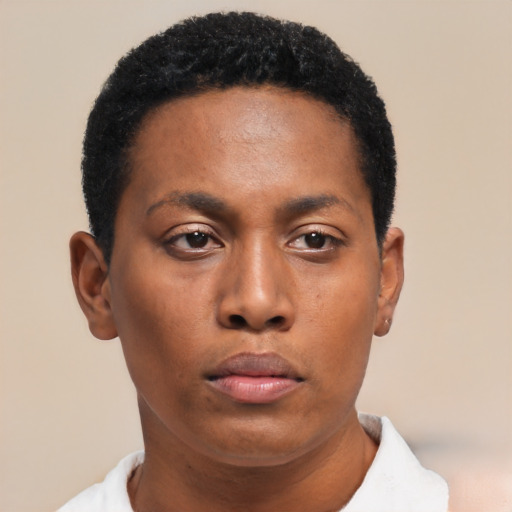 Neutral black young-adult female with short  black hair and brown eyes