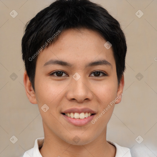 Joyful asian young-adult female with short  brown hair and brown eyes