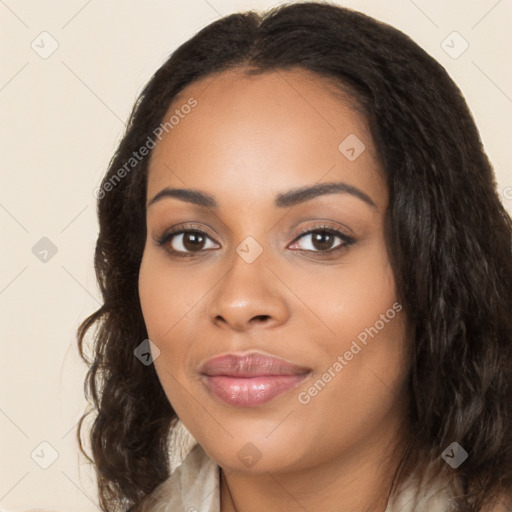 Joyful latino young-adult female with long  black hair and brown eyes