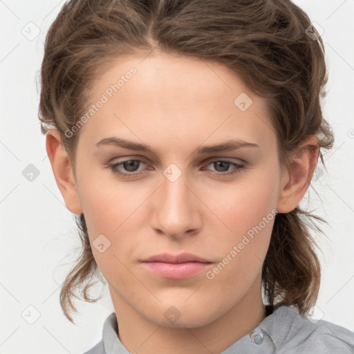 Neutral white young-adult female with medium  brown hair and grey eyes