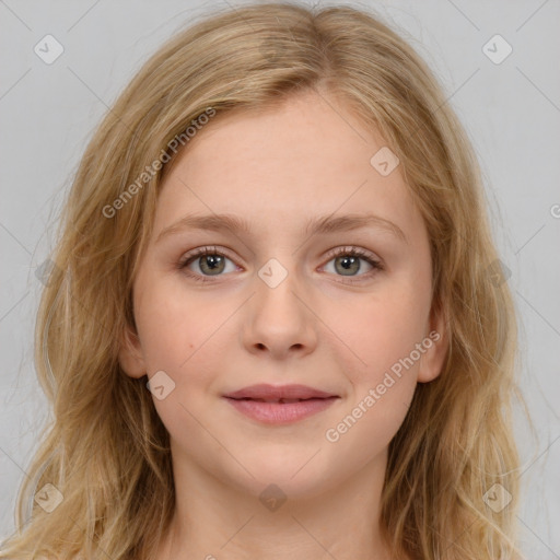 Neutral white young-adult female with long  brown hair and green eyes