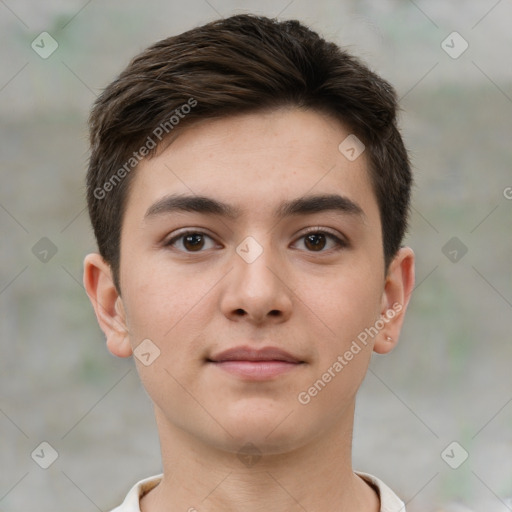 Neutral white young-adult male with short  brown hair and brown eyes