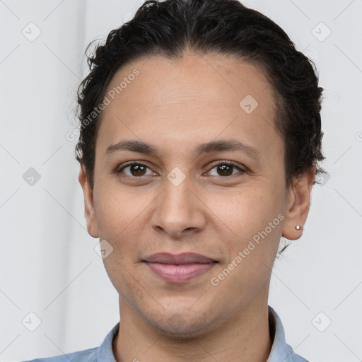 Joyful white young-adult female with short  brown hair and brown eyes