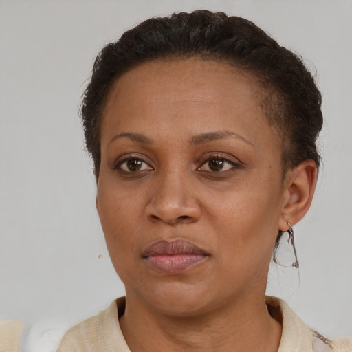 Neutral black adult female with short  brown hair and brown eyes