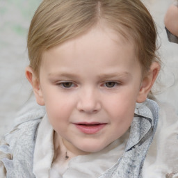 Joyful white child female with medium  brown hair and blue eyes