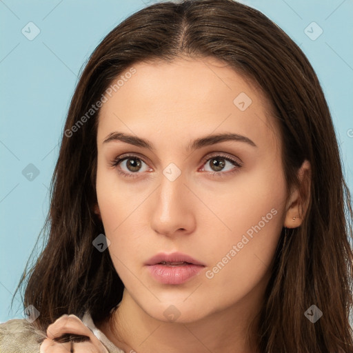 Neutral white young-adult female with long  brown hair and brown eyes