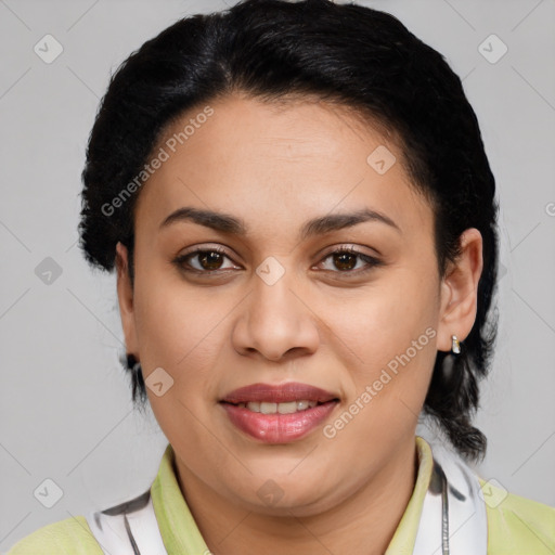 Joyful latino young-adult female with medium  brown hair and brown eyes