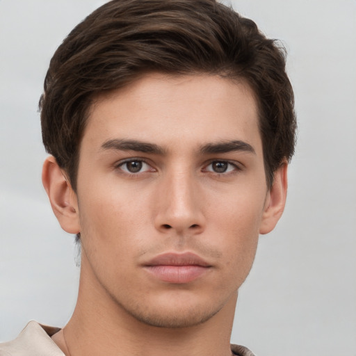 Neutral asian young-adult male with short  brown hair and brown eyes