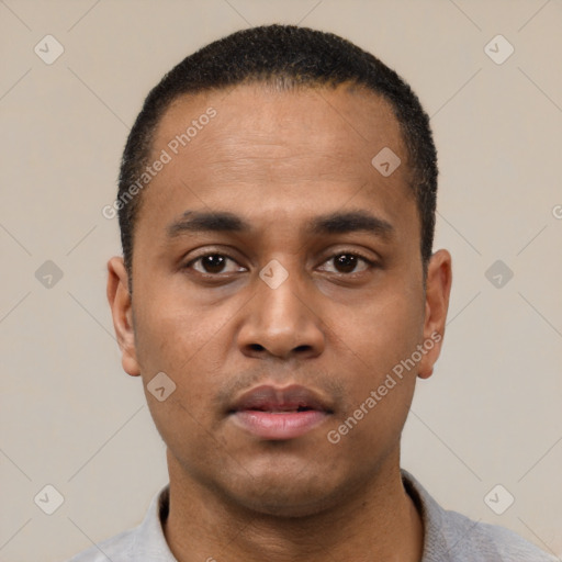 Neutral latino young-adult male with short  black hair and brown eyes