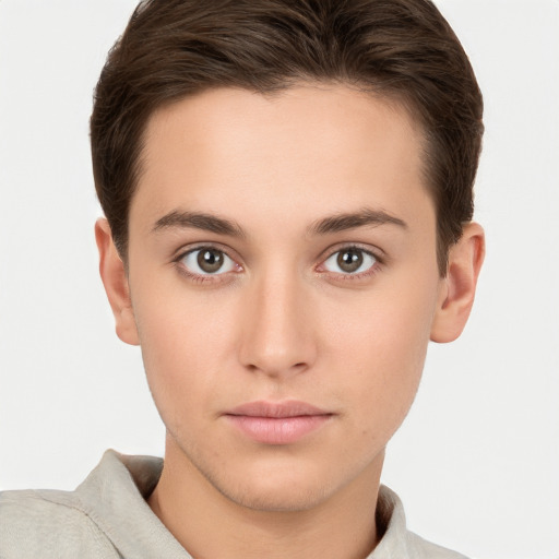 Neutral white young-adult female with short  brown hair and brown eyes