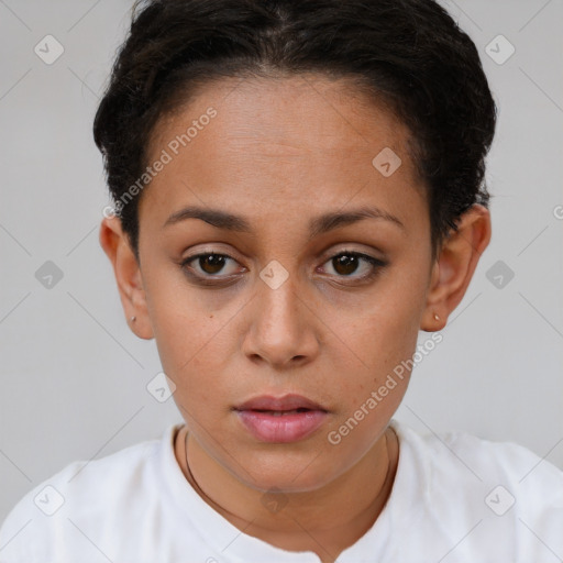 Neutral white young-adult female with short  brown hair and brown eyes