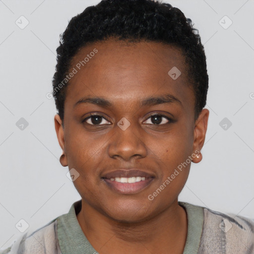 Joyful black young-adult female with short  brown hair and brown eyes