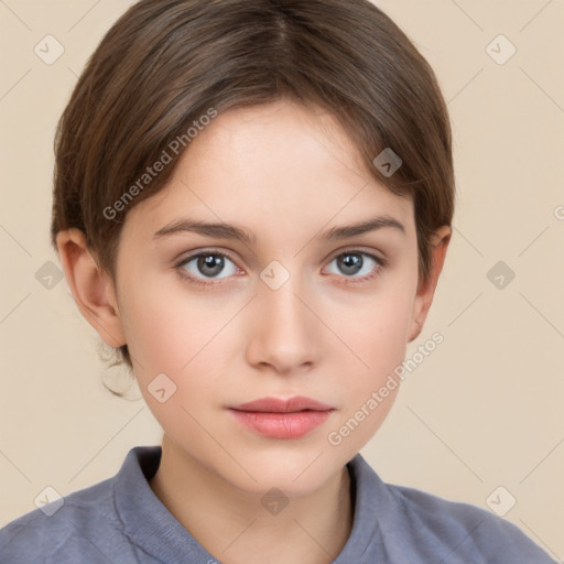 Neutral white young-adult female with short  brown hair and brown eyes