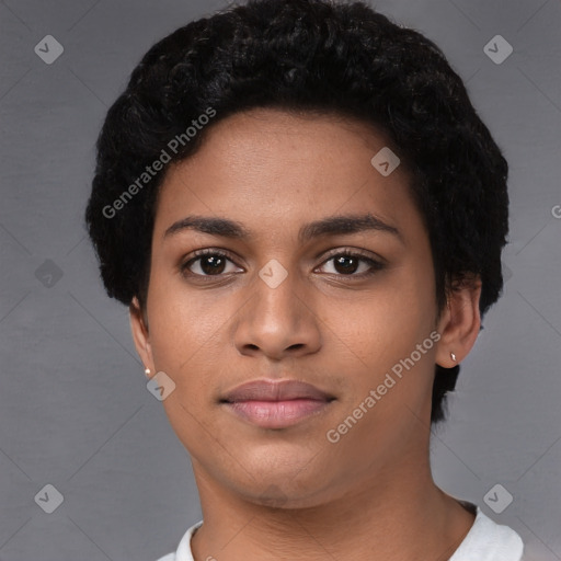 Neutral black young-adult female with short  black hair and brown eyes
