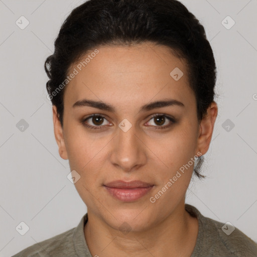 Joyful latino young-adult female with short  brown hair and brown eyes