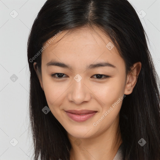 Joyful asian young-adult female with long  brown hair and brown eyes